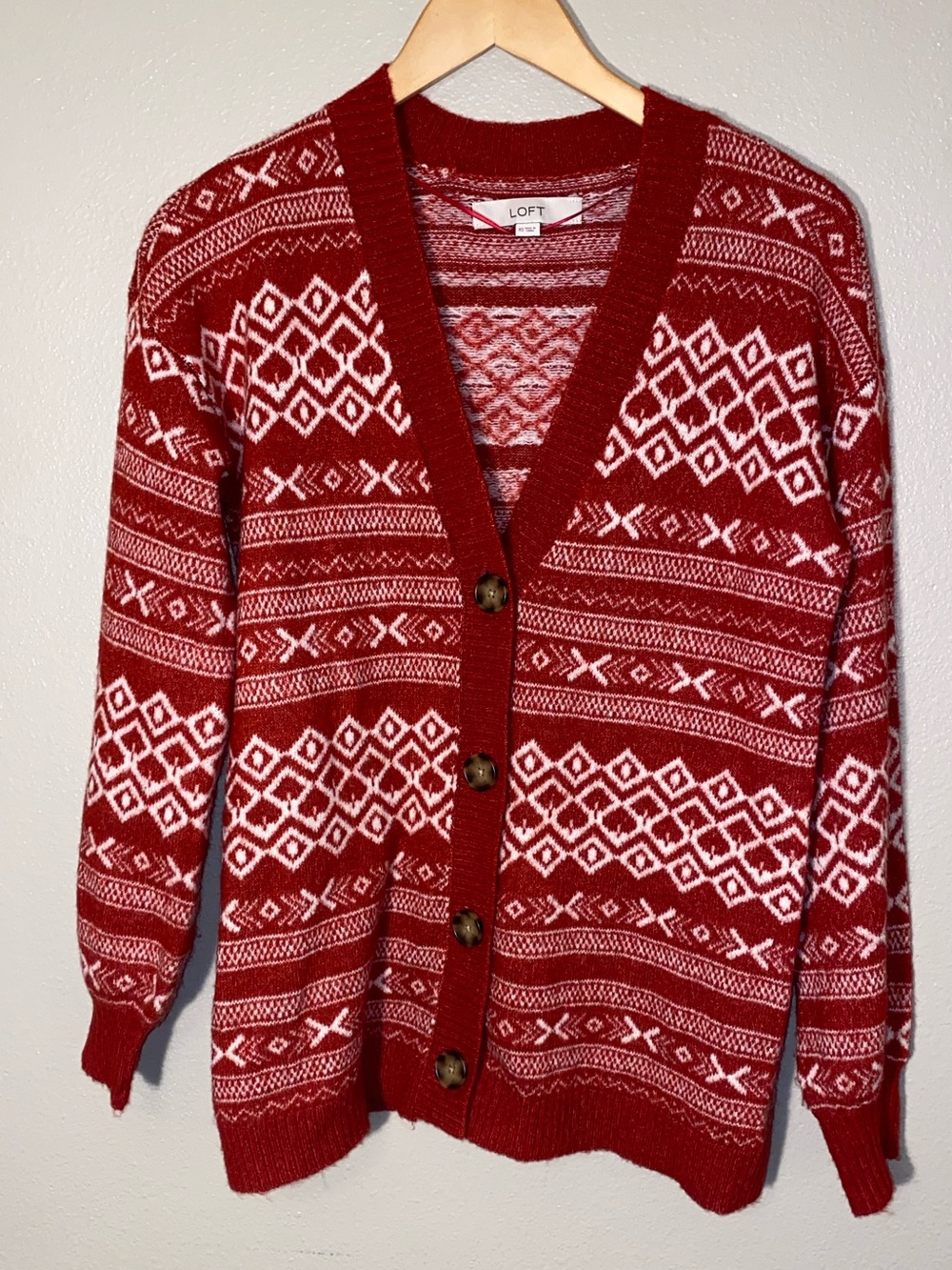 LOFT Red Nordic Fair Isle V-Neck Button Cardigan Sweater XS Cabincore